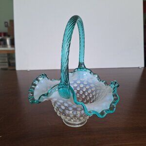 VINTAGE FENTON OPALESCENT SEA MIST GREEN CREST AND HANDLE HOBNAIL GLASS BASKET